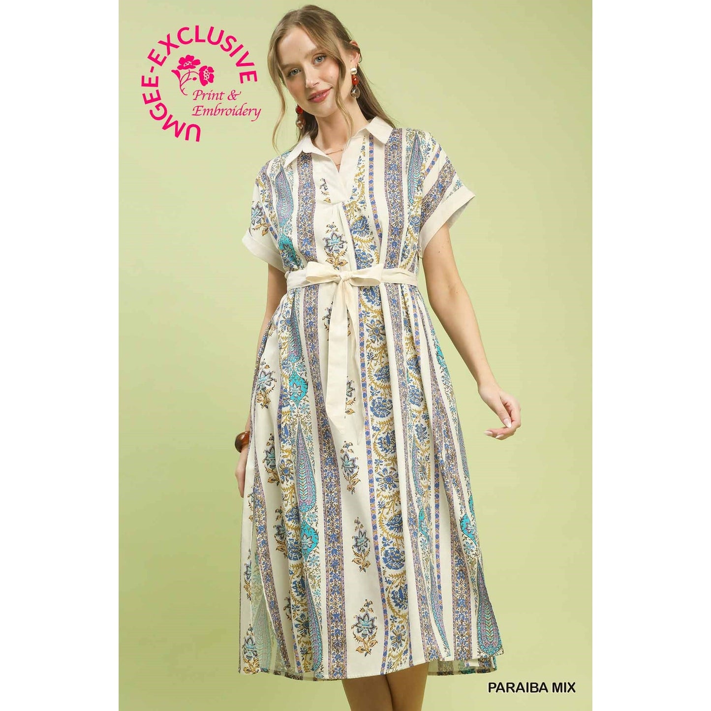 Umgee Vertical Print Tie Waist Midi Dress