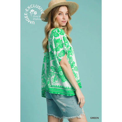 Umgee Green Floral Oversized Boho Top