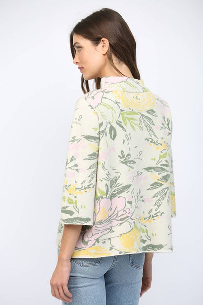 Fate Floral Pattern 3/4 Flared Sleeve Mock Neck Sweat