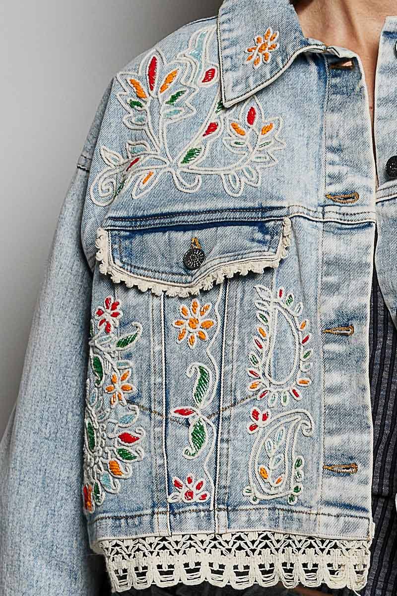 Pol Clothing Floral Embroidery Lace Trim Denim Jacket