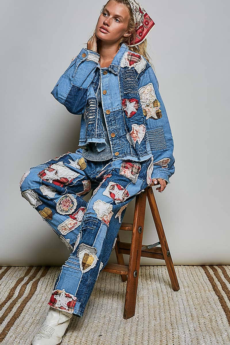Pol Clothing Artisan Patchwork Denim Handcrafted Appliqué Vintage Jacket