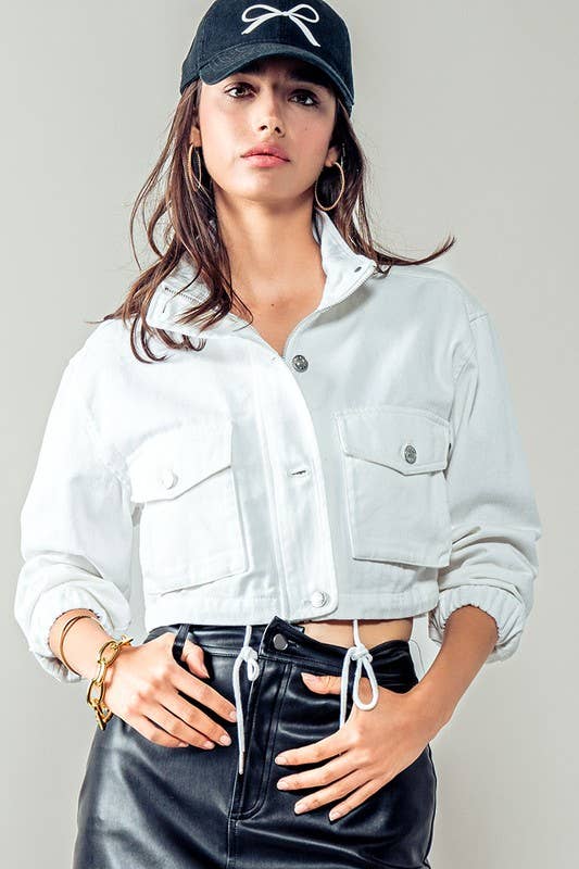 Urban Daizy White Utility Cropped Drawstring Hem Stand Collar Denim Jacket