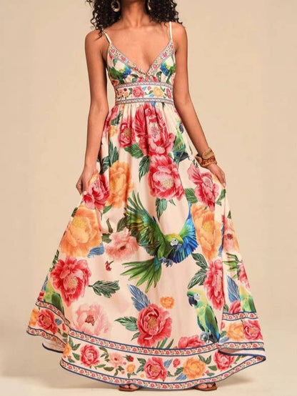 Rosa Clothing - Verona Macaw & Peony Floral print resort strappy sundress