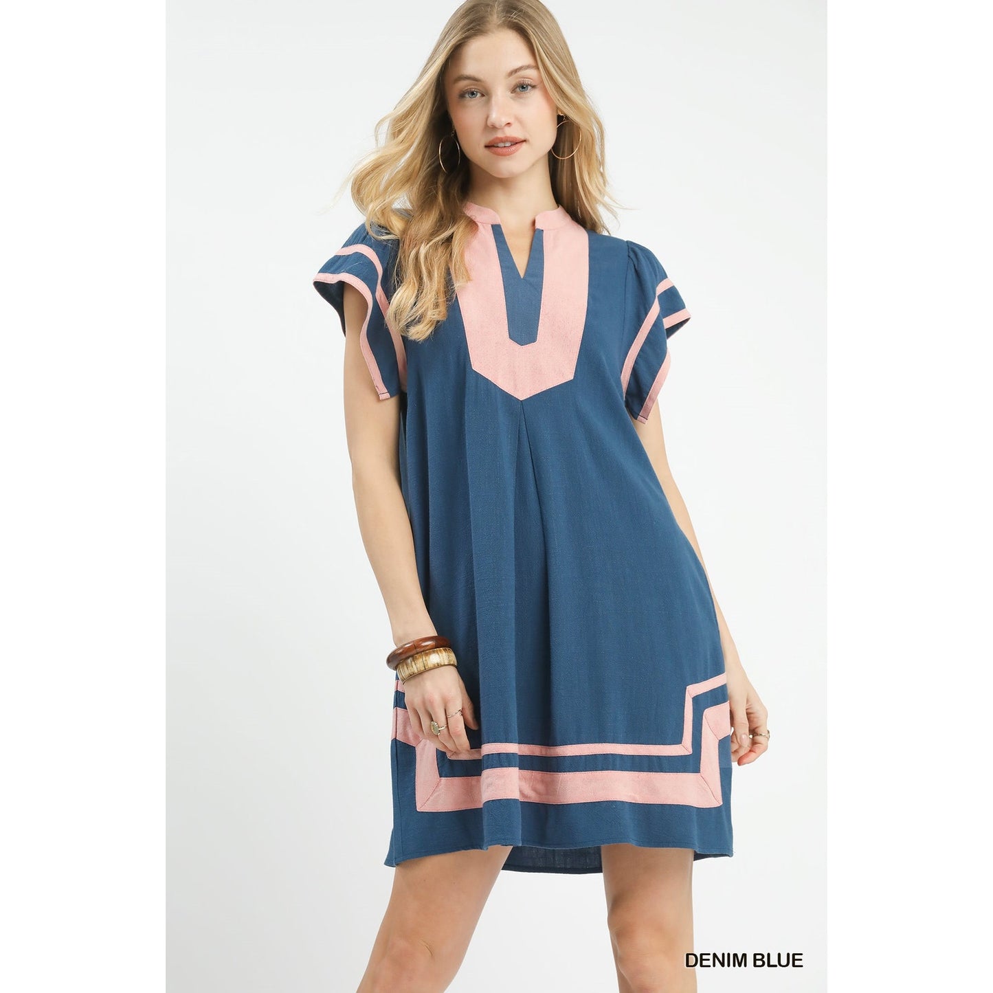 Umgee Linen Contrast Trim Short Sleeve Dress
