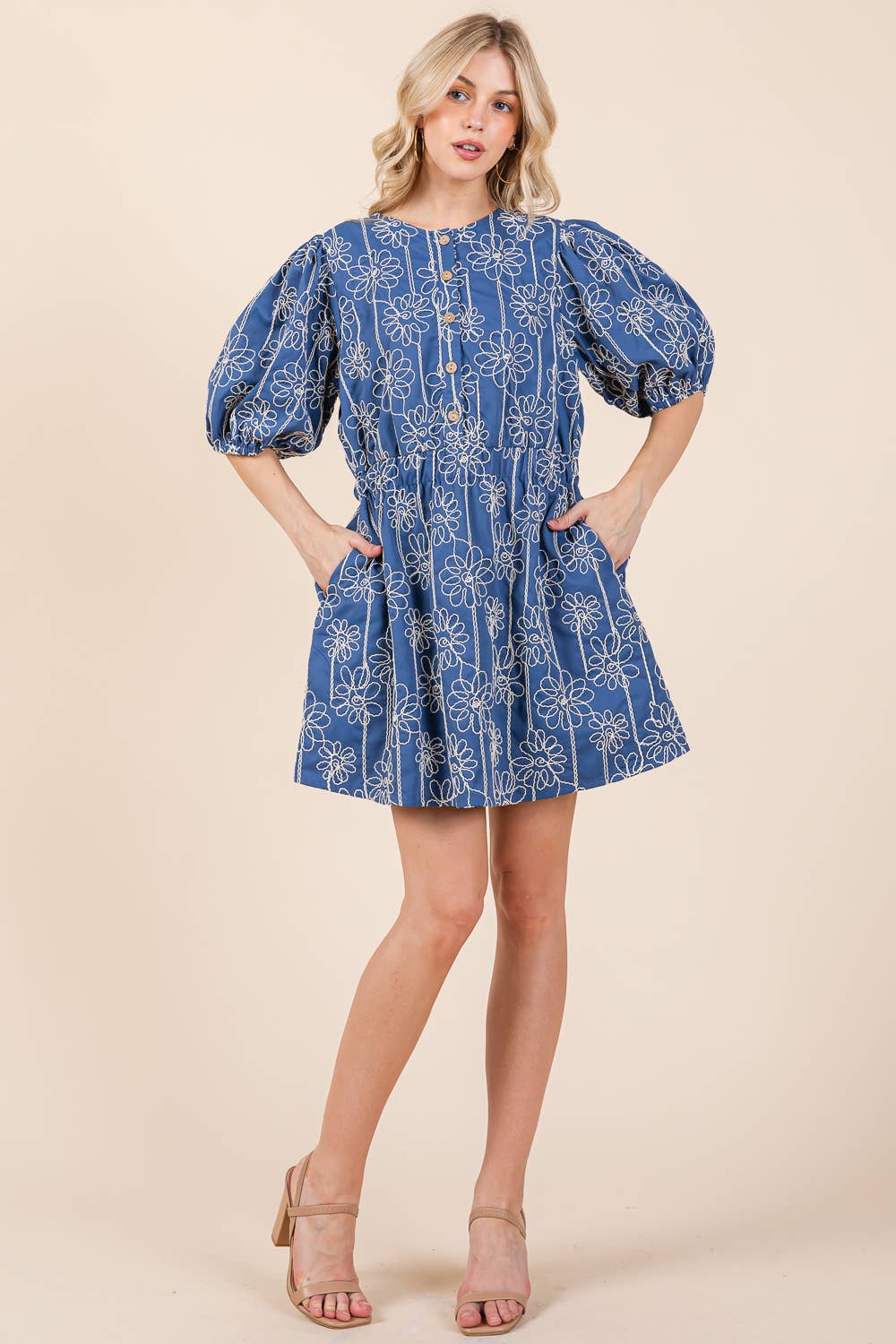 GeeGee x Lovelo Floral Embroidered Half Button-Up Mini Dress