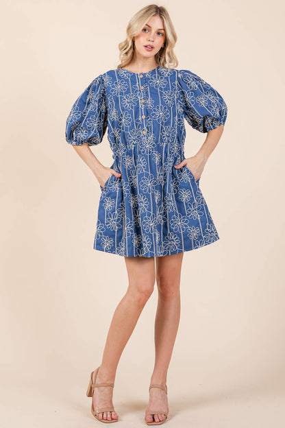 GeeGee x Lovelo Floral Embroidered Half Button-Up Mini Dress
