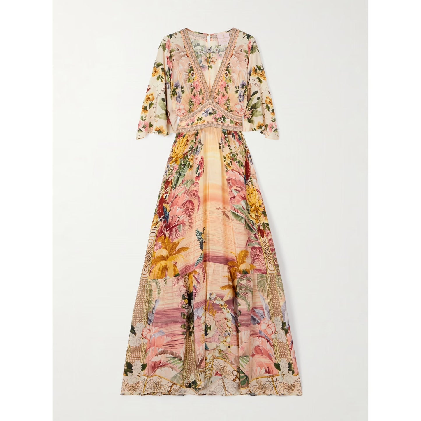 Camilla White Lotus Crystal-Embellished Silk/Satin Maxi Dress