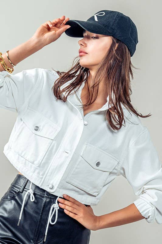 Urban Daizy White Utility Cropped Drawstring Hem Stand Collar Denim Jacket