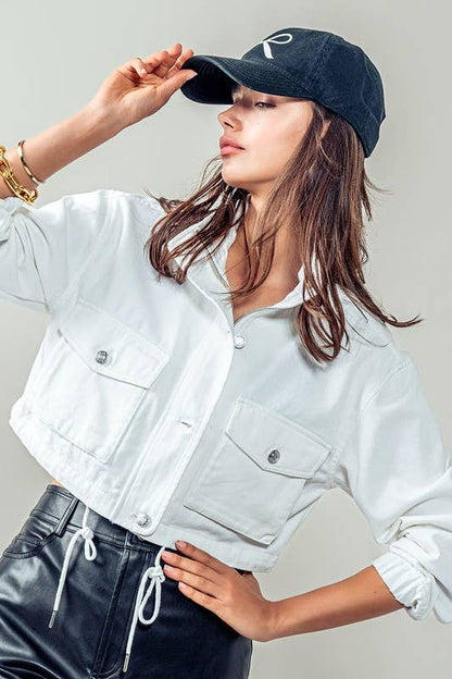 Urban Daizy White Utility Cropped Drawstring Hem Stand Collar Denim Jacket