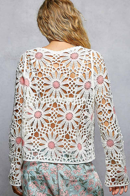 Pol Clothing - Floral Weave Round Neck Long Sleeve Crochet Top