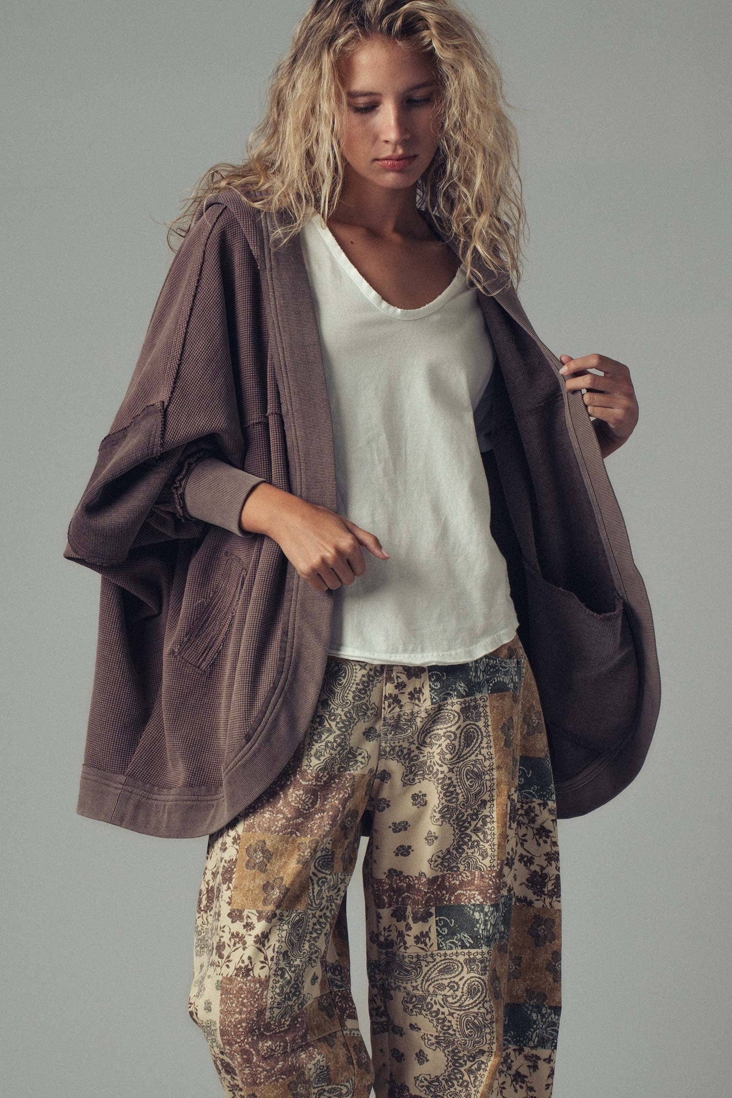 Urban Daizy Washed Waffle Knit Hooded Cardigan