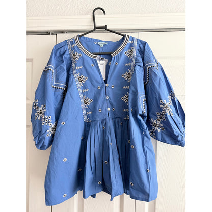 Blue Embroidered Boho Blouse
