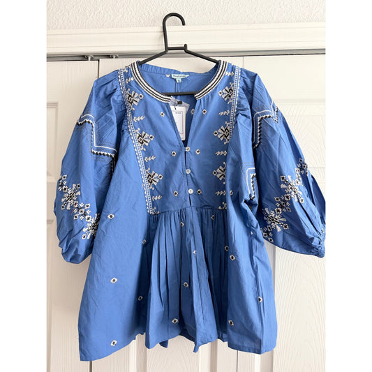 Blue Embroidered Boho Blouse