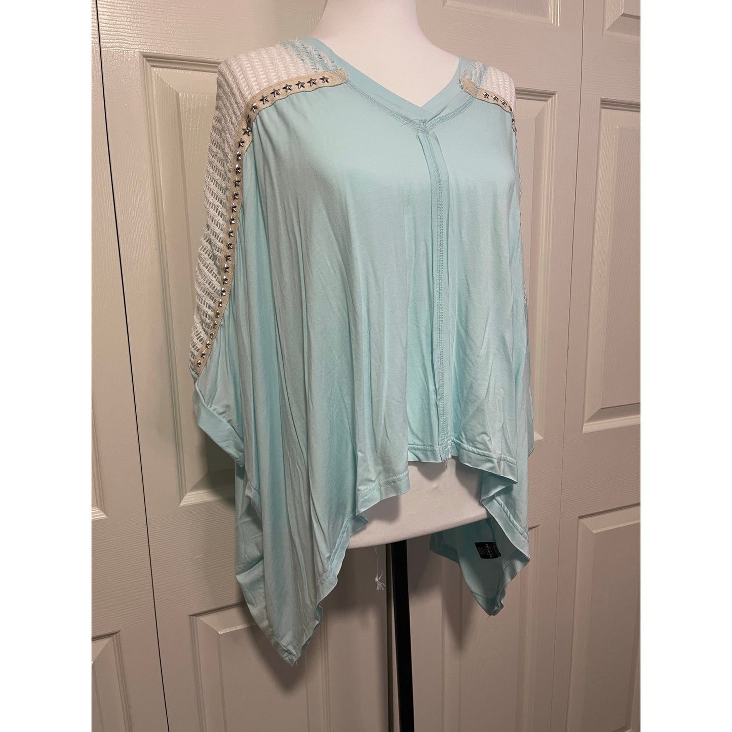 POL Soda Blue Candy Studded Star V Neck Top