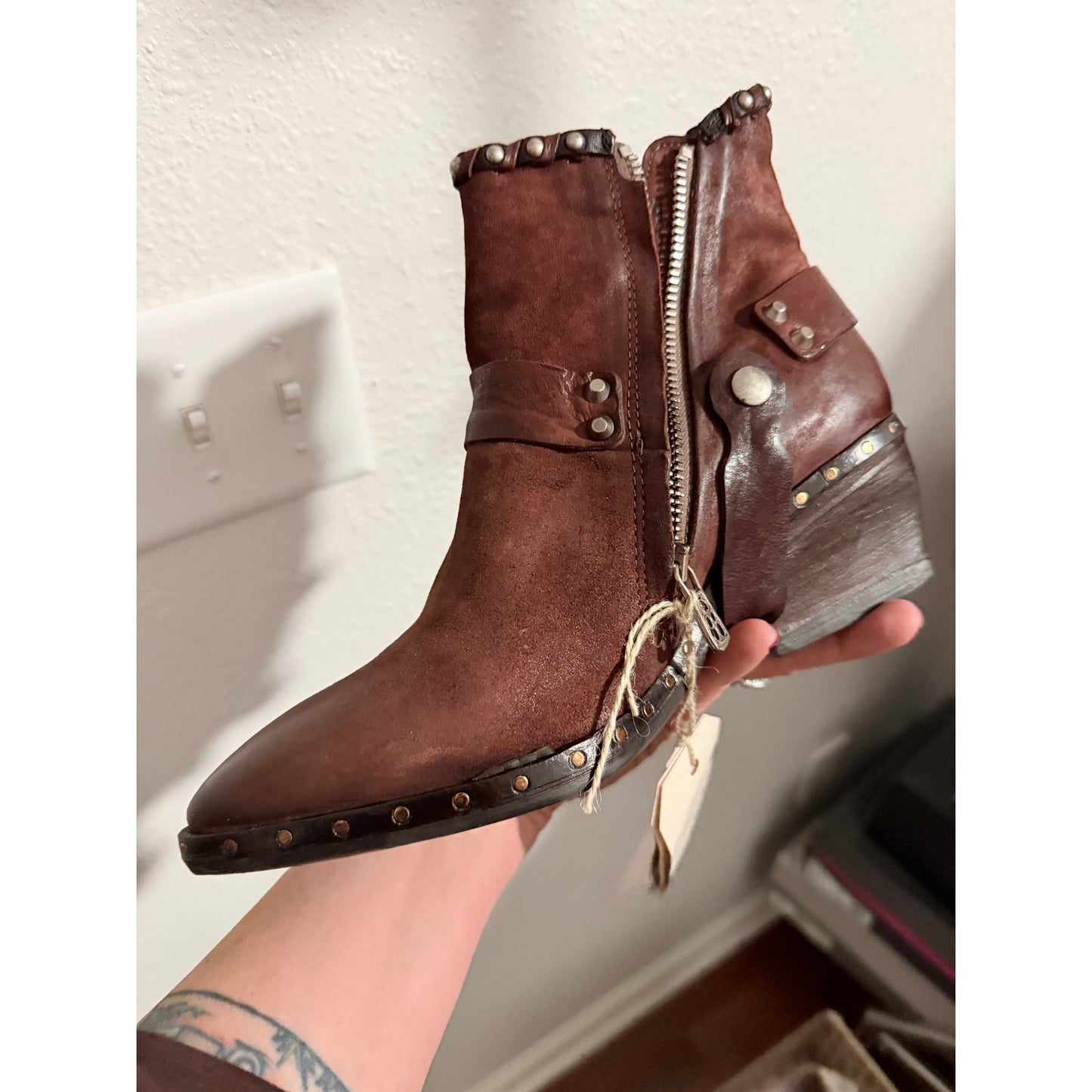 A.S.98 Distressed Brown Leather Studded Ankle Boots