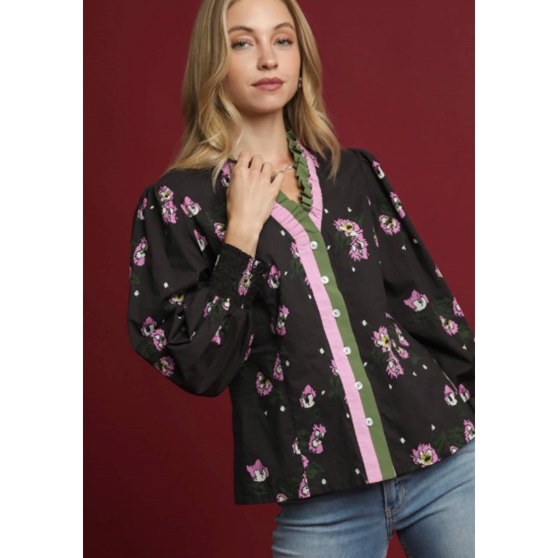 Umgee Abstract Floral Bunch Print Ruffle Blouse