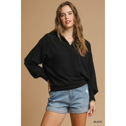 Umgee Black Linen Pullover Blouse