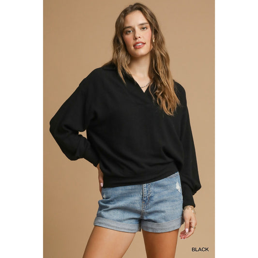 Umgee Black Linen Pullover Blouse