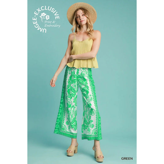 Umgee Green Floral Wide Leg Pants