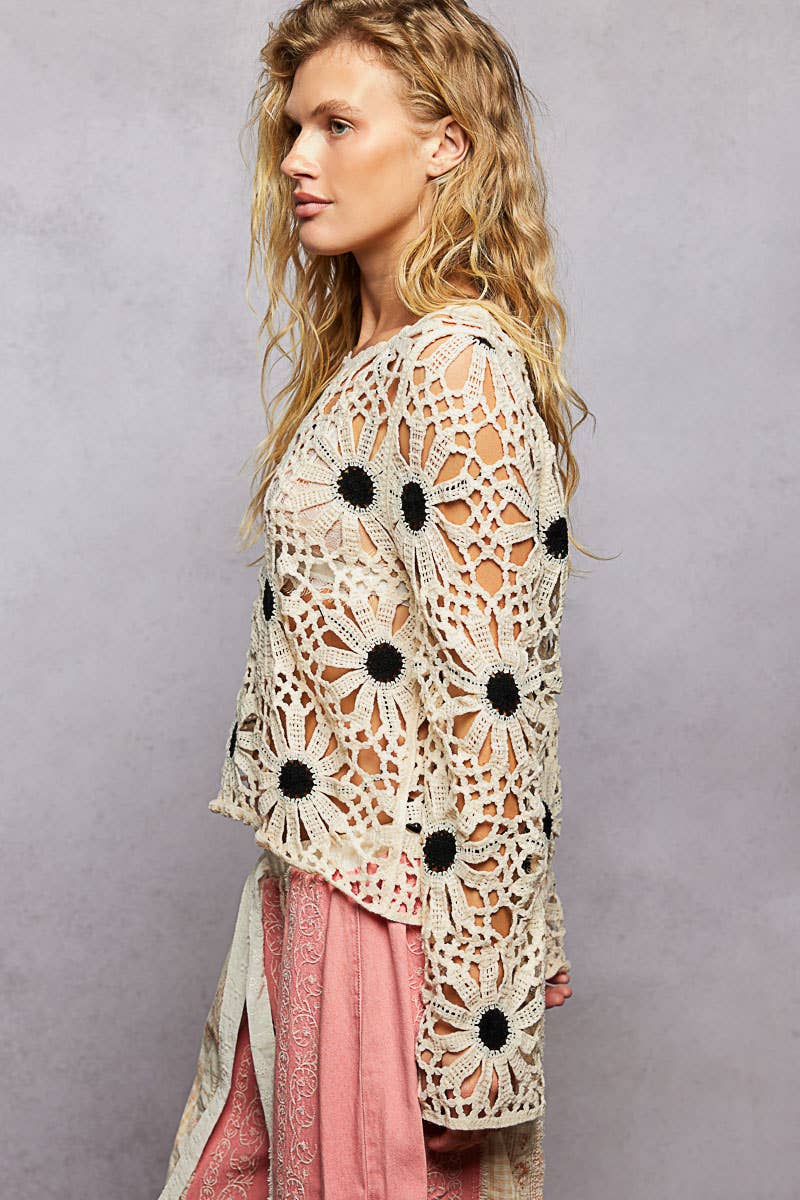 Pol Clothing - Floral Weave Round Neck Long Sleeve Crochet Top