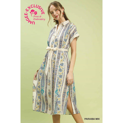 Umgee Vertical Print Tie Waist Midi Dress
