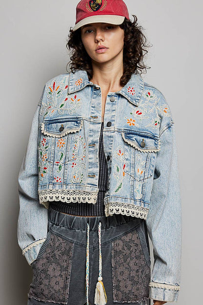 Pol Clothing Floral Embroidery Lace Trim Denim Jacket