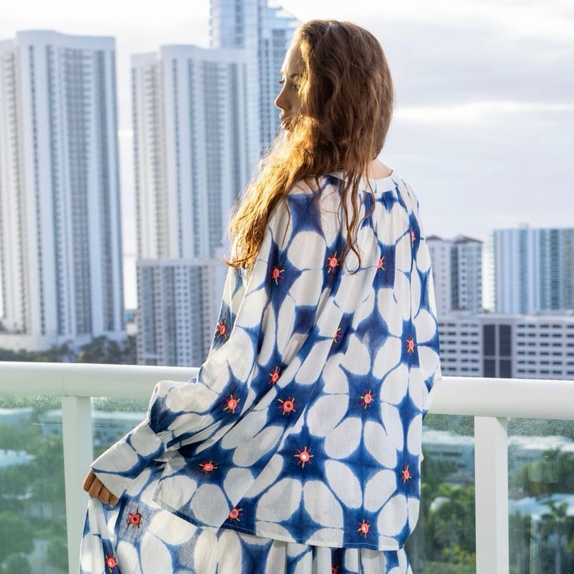 Gold & Silver Oversized Blue and White Top