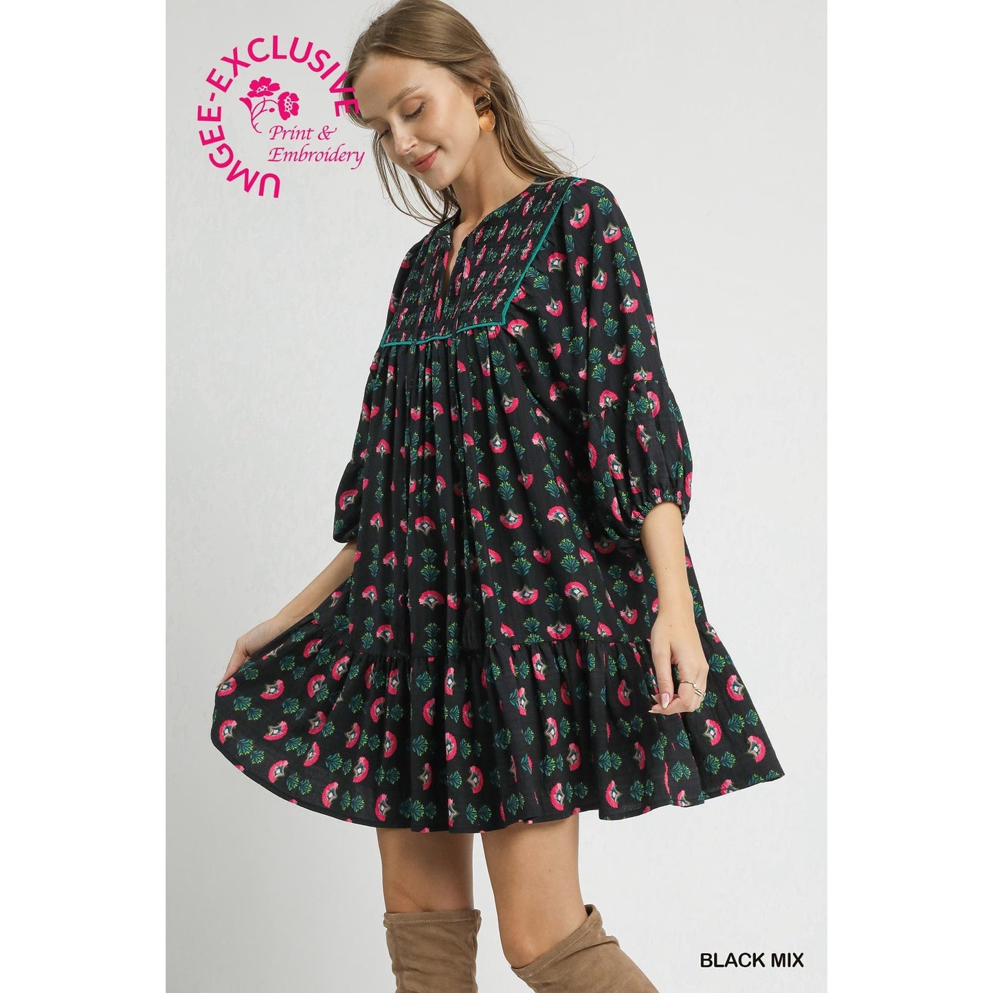 Umgee Floral Boho Mini Dress with Pink Accents