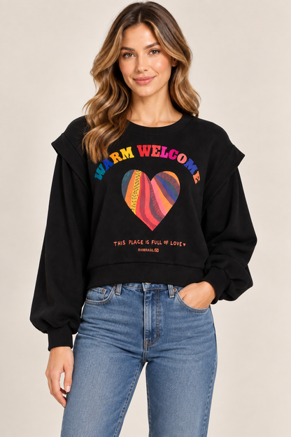 Farm Rio Black "Warm Welcome" Graphic Print Crew Neck Sweatshirt