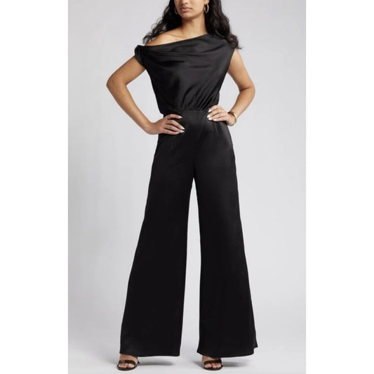 WAYF Black Satin Jumpsuit One Shoulder