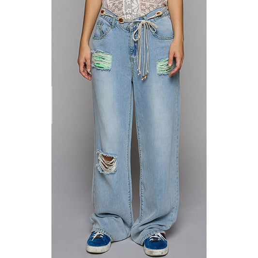 POL Wide Leg Soft Denim Jeans with Patching