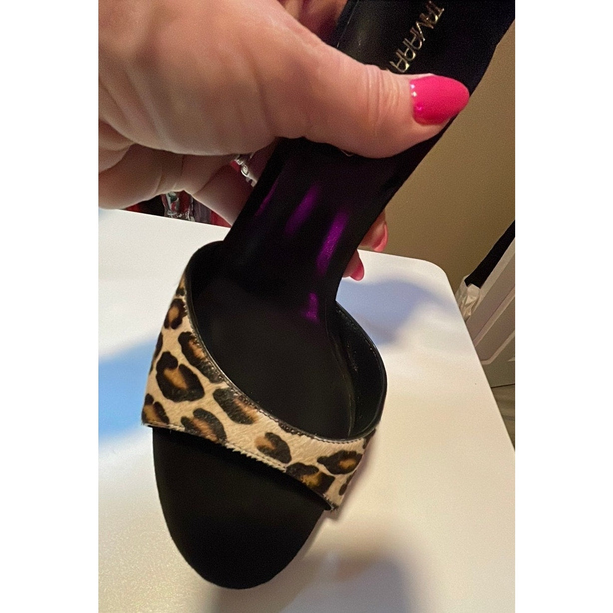 Tamara Mellon Leopard and Black Peep Toe Strap Heels