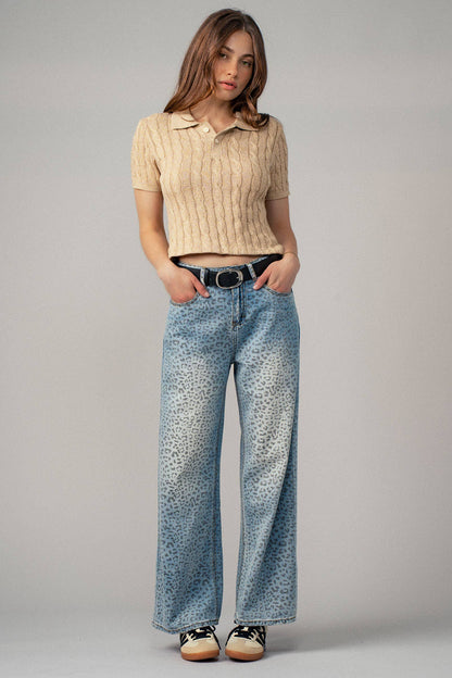 Urban Daizy Leopard Print Wide-Leg Denim Pants