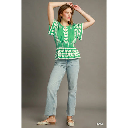 Umgee Boho Peplum Smocked Waist Blouse