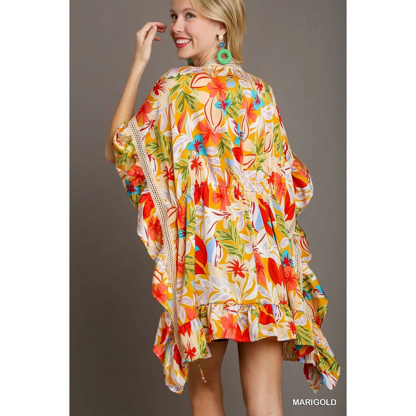Umgee Satin Floral Print Kimono with Lace Trim, Front Tie, & 3/4 Bell Sleeves