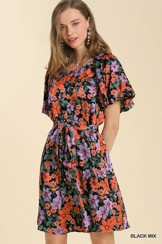 Umgee Floral Print Dress with Balloon Sleeves
