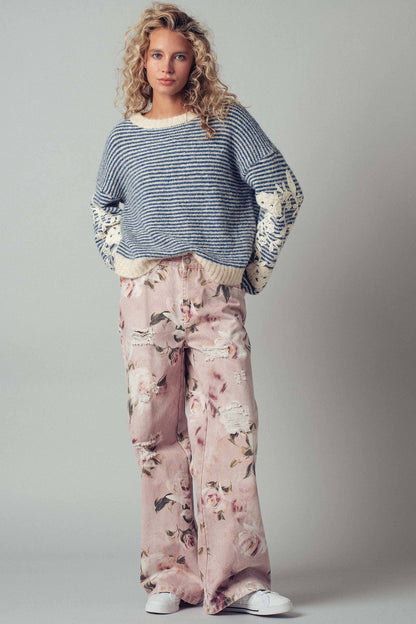Urban Daizy - Romantic Rose Print High-Rise Denim Pants