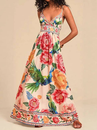 Rosa Clothing - Verona Macaw & Peony Floral print resort strappy sundress