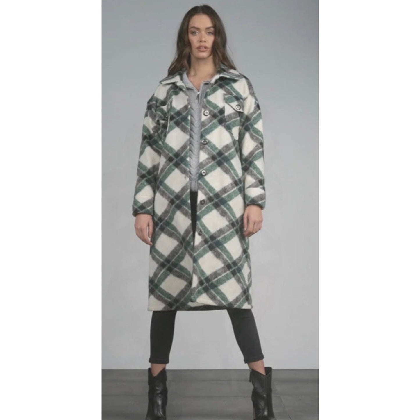 Elan Oversized Green Plaid Shirt Jacket