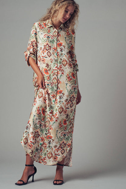Urban Daizy Boho Floral Button-Down Midi Dress