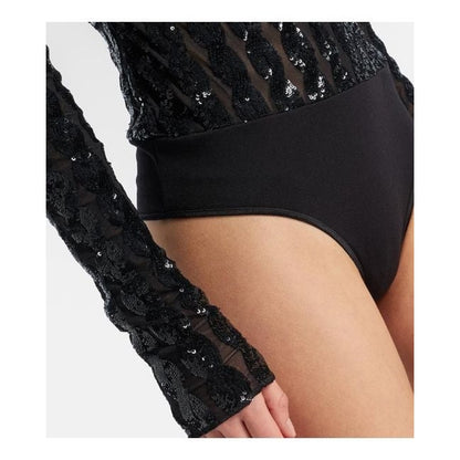 Polo Ralph Lauren Women's Black Sequined Mesh & Jersey Bodysuit