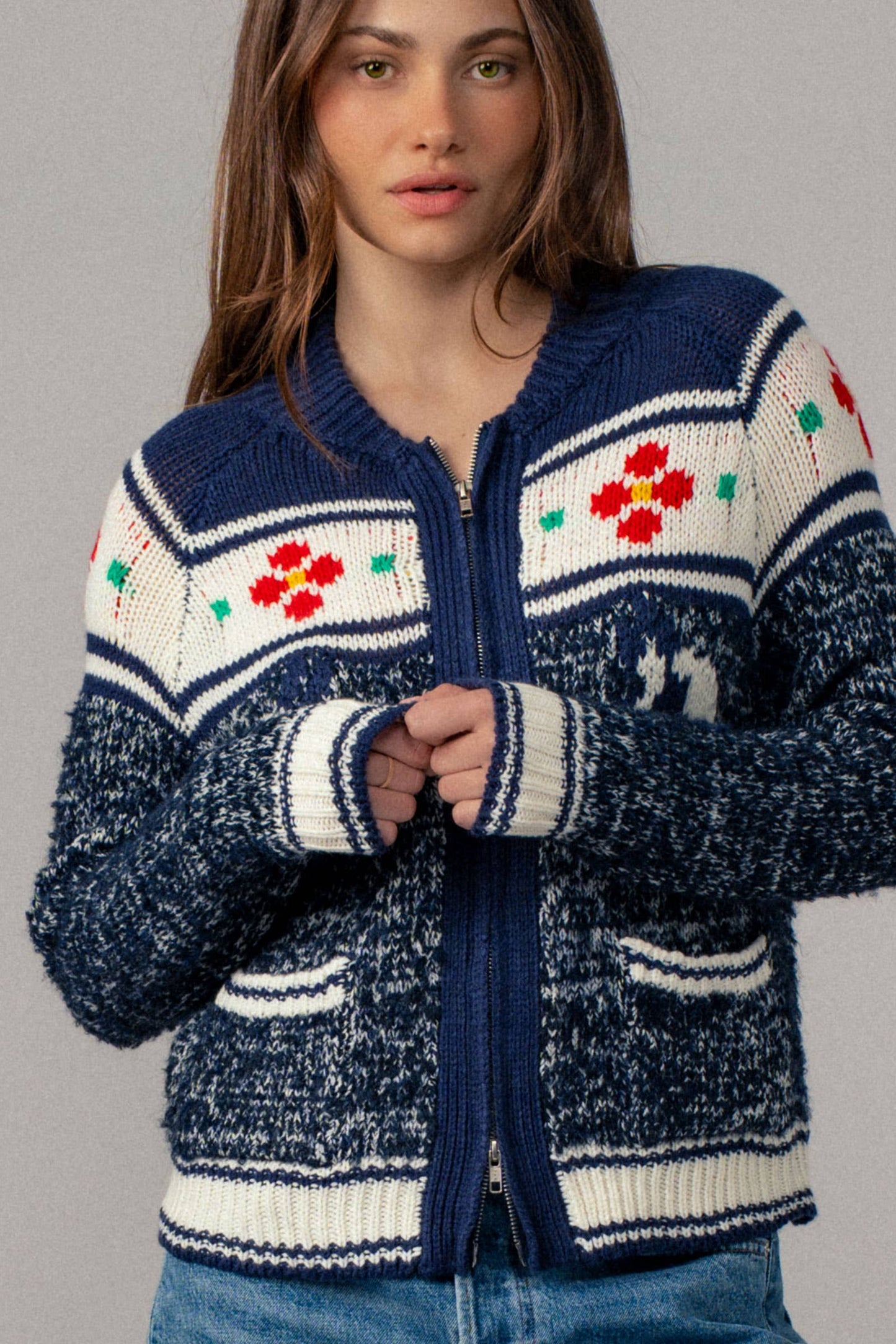 Urban Daizy Floral Yoke Zip-Up Knit Cardigan