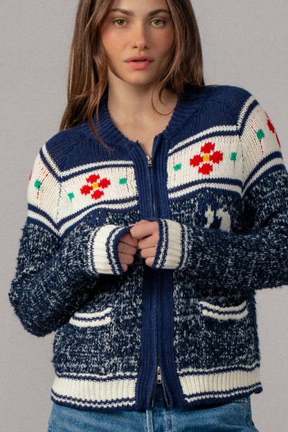 Urban Daizy Floral Yoke Zip-Up Knit Cardigan
