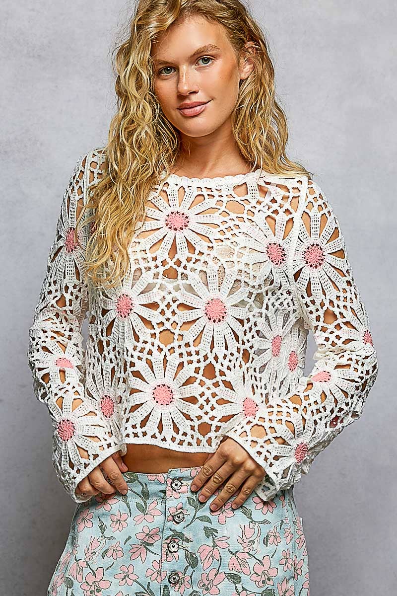 Pol Clothing - Floral Weave Round Neck Long Sleeve Crochet Top