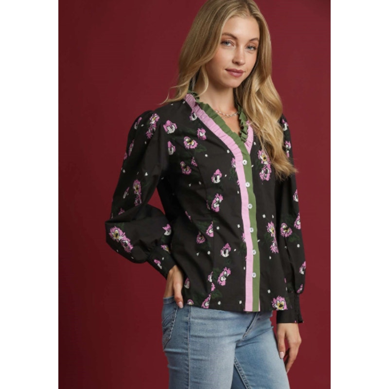 Umgee Abstract Floral Bunch Print Ruffle Blouse