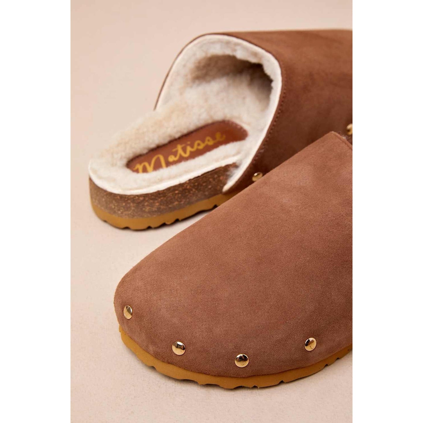 Matisse Upstate Tan Suede Leather Shearling Studded Mule Slides