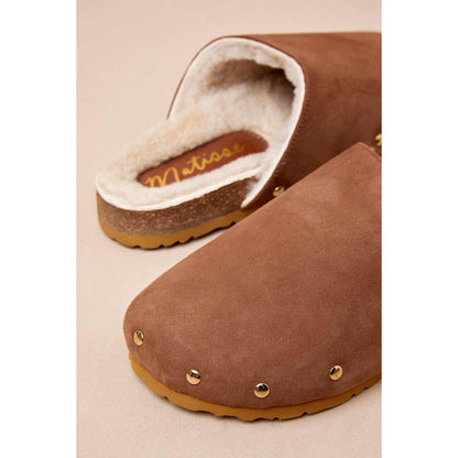 Matisse Upstate Tan Suede Leather Shearling Studded Mule Slides