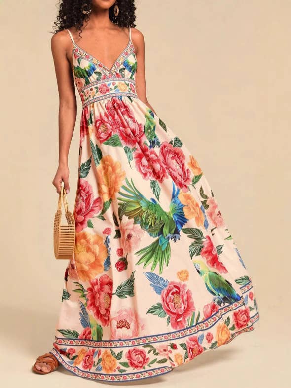 Rosa Clothing - Verona Macaw & Peony Floral print resort strappy sundress