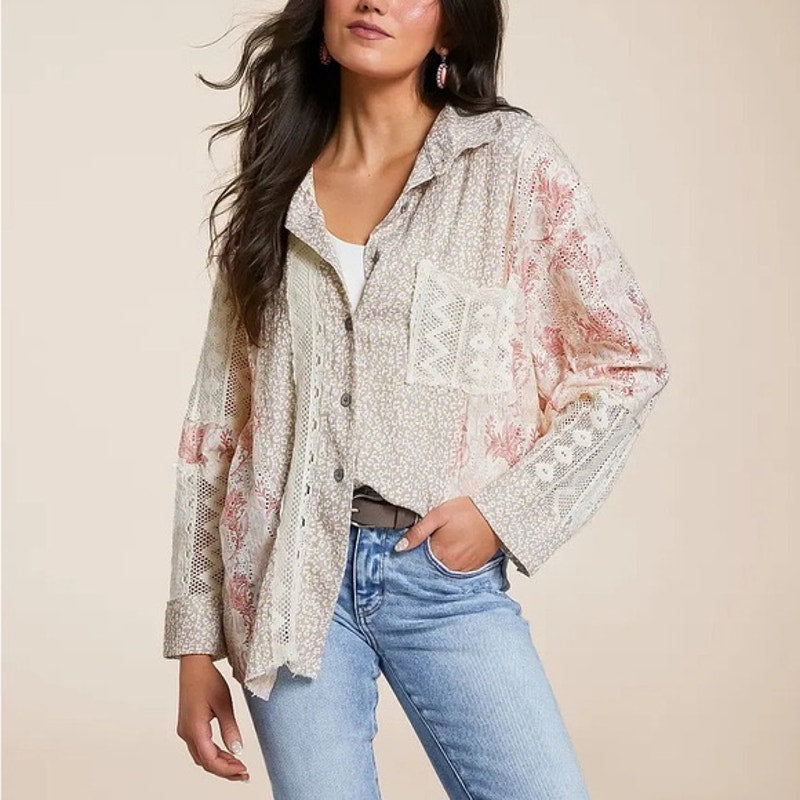 POL Clothing Floral Crochet Oversized Blouse