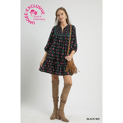 Umgee Floral Boho Mini Dress with Pink Accents
